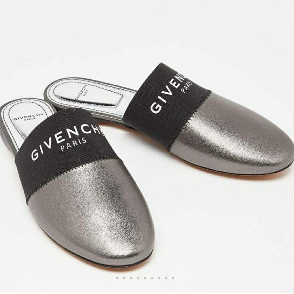 Givenchy Metallic Silver Pewter Leather and Slip-On Mule Shoes - Logo Black